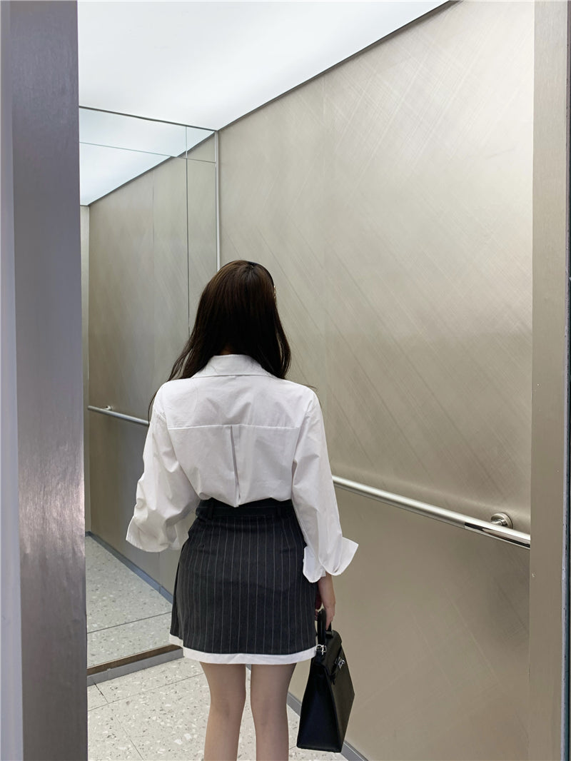 💕氣質翻領蕾絲花邊長袖襯衫不規則半身裙兩件套