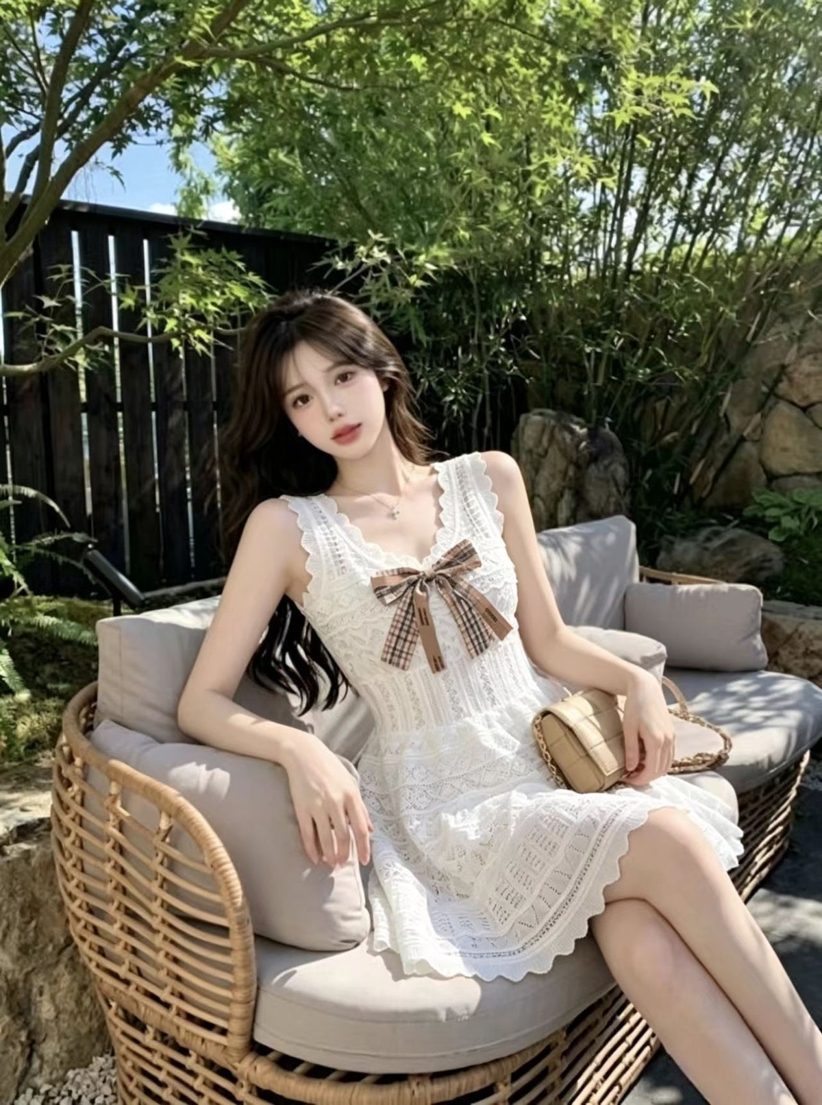💕純欲性感蝴蝶結收腰吊帶連衣裙