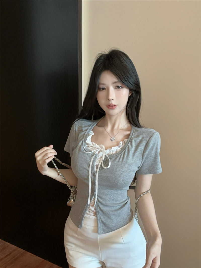 💕高級感假兩件短袖拼接蕾絲上衣