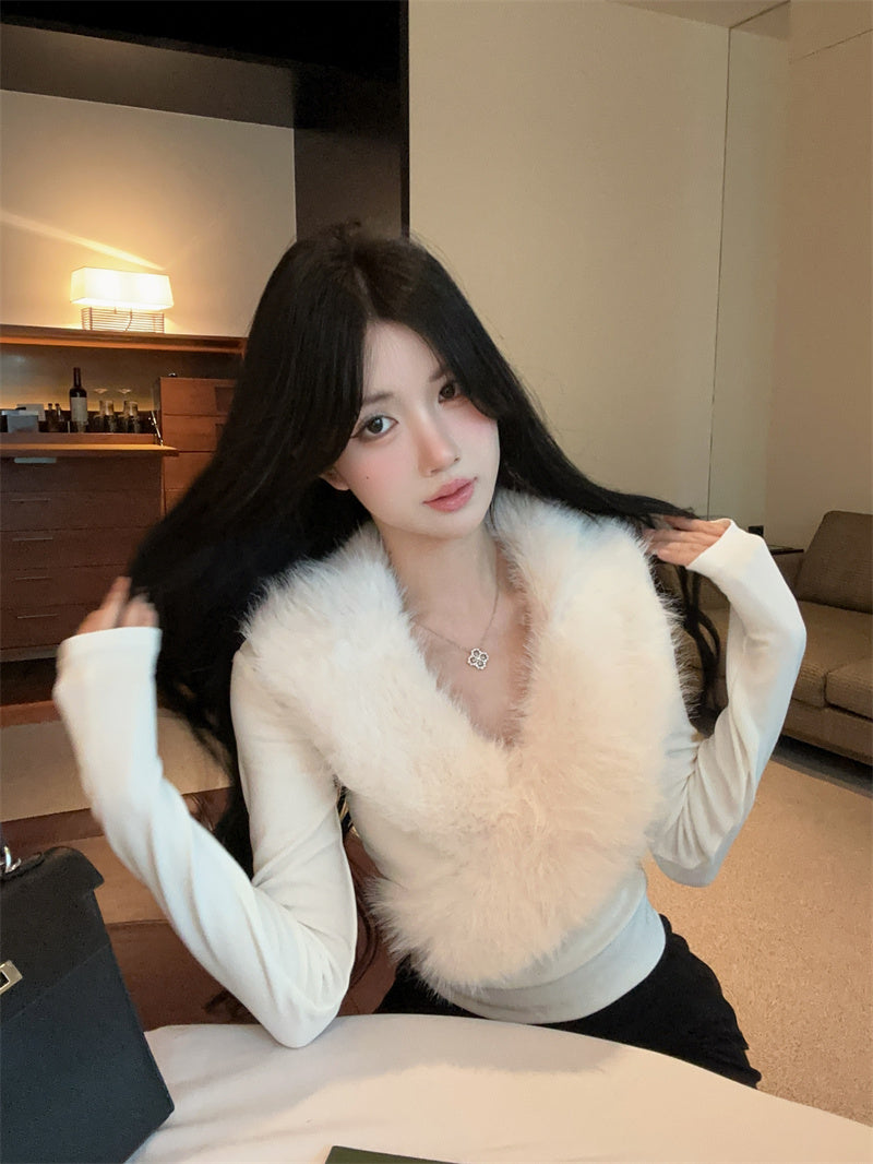 💕純欲辣妹毛領拼接V領長袖修身上衣