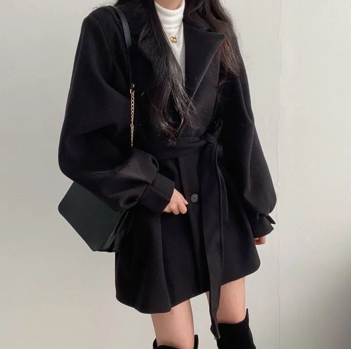 💕韓系chic秋冬赫本風毛呢風衣