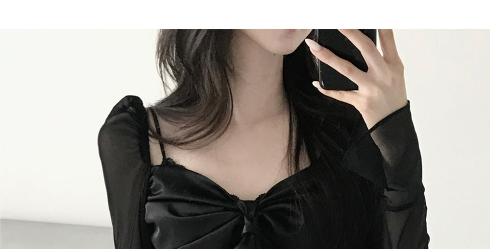 💕法式方領蝴蝶結飄帶氣質收腰顯瘦上衣