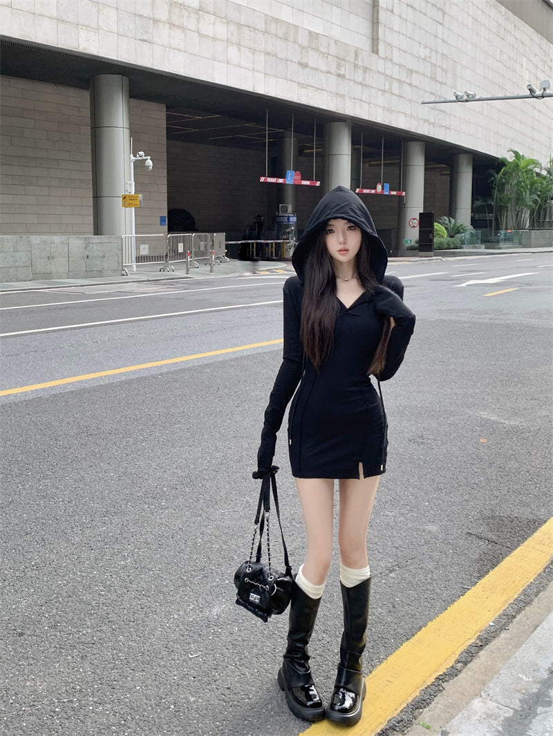 💕秋款連帽長袖收腰緊身包臀裙