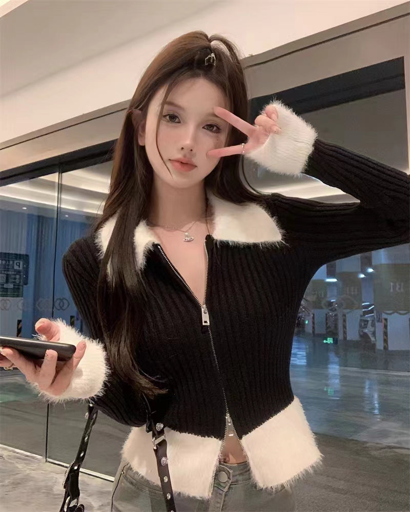 💕氣質短款polo毛毛領針織拉鍊修身上衣