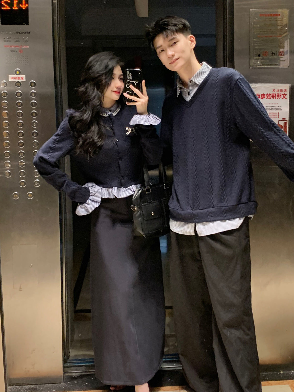 💕秋冬法式梨形長袖拼接假兩件情侶套裝