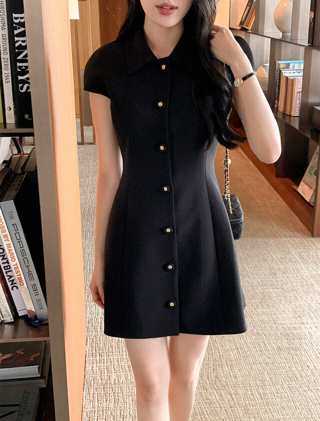 💕韓系氣質小香風翻領收腰小黑裙