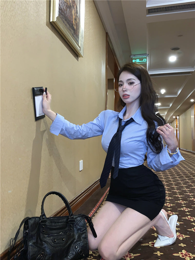 💕韓版秘書款收腰帶領襯衫兩件套