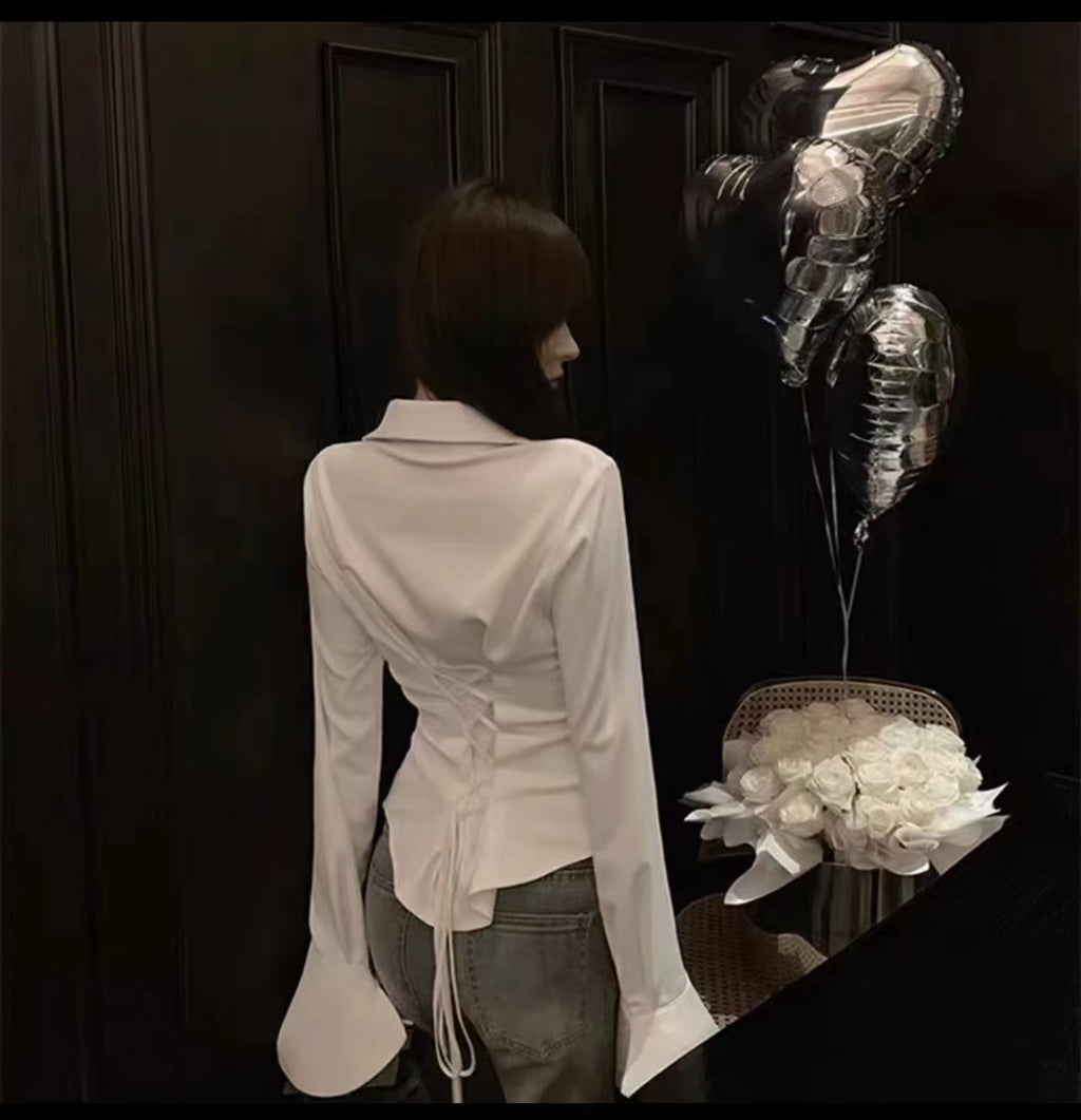 💕高級感西裝領長袖不規則褶皺襯衫