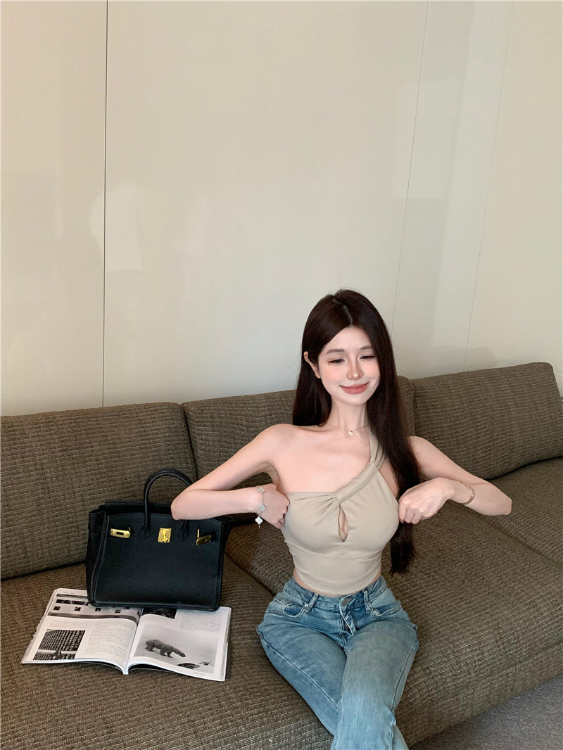 💕辣妹斜肩掛脖純色顯瘦上衣