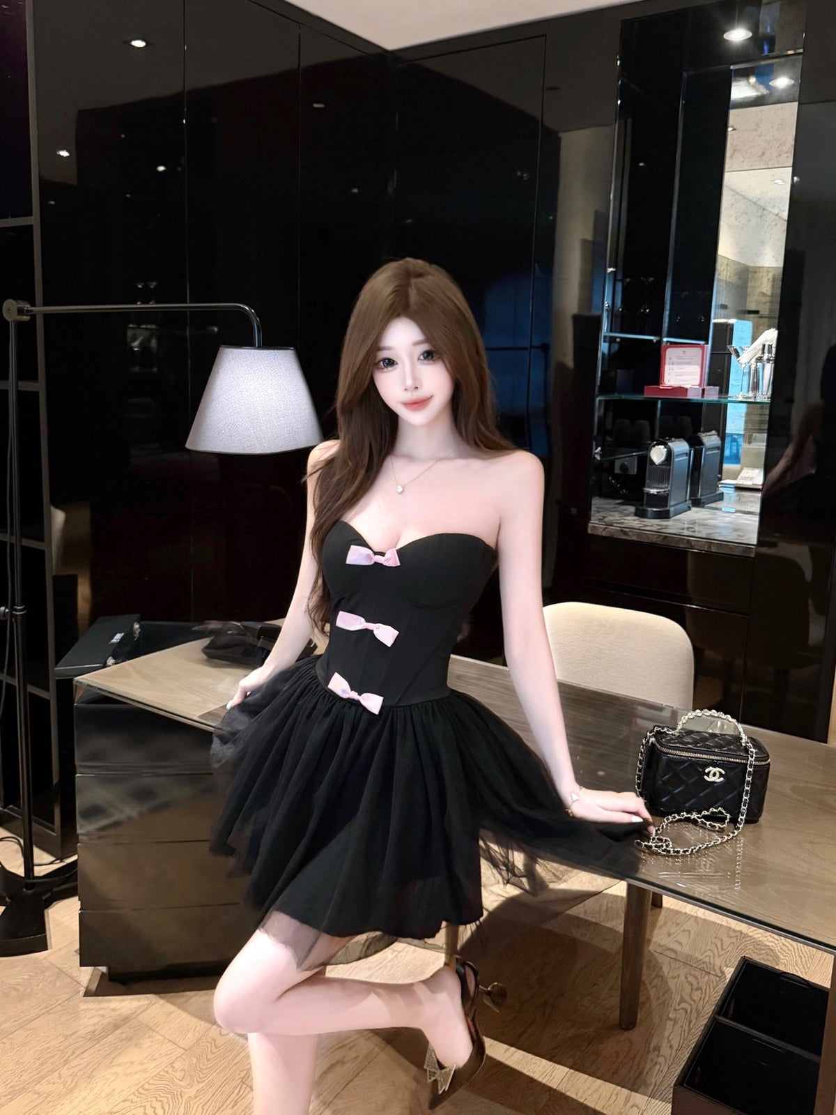 💕法式純欲粉色蝴蝶結抹胸小禮服