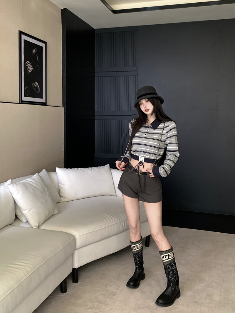 💕復古時尚撞色條紋拼接POLO長袖上衣