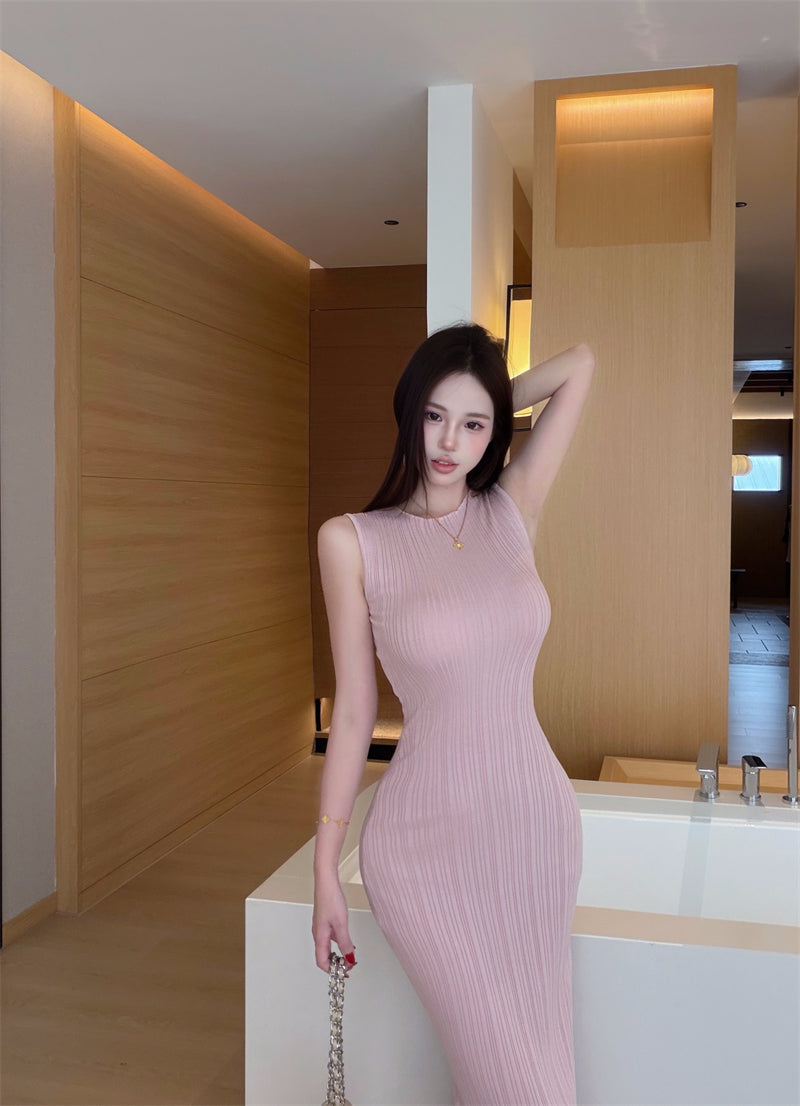 💕春夏優雅無袖針織修身顯瘦連衣裙