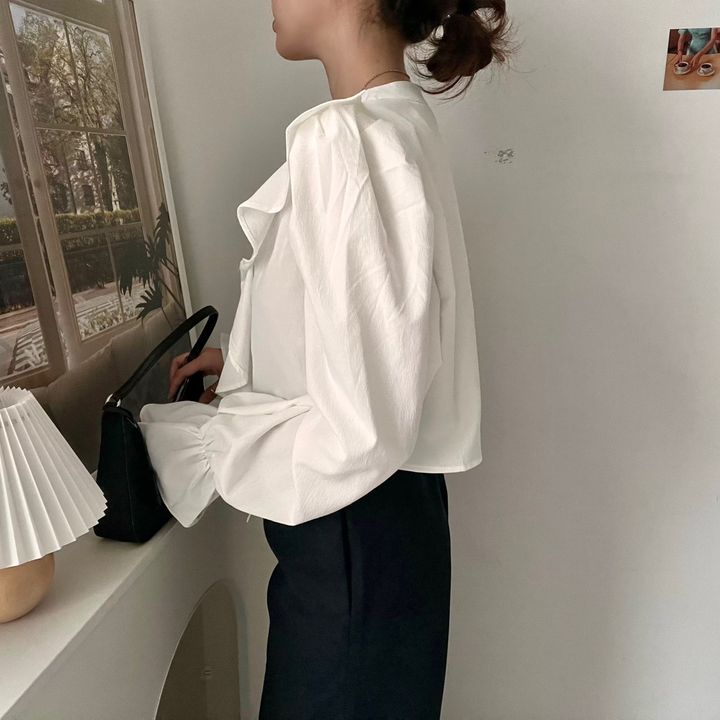 💕chic法式氣質V領荷葉邊襯衫上衣