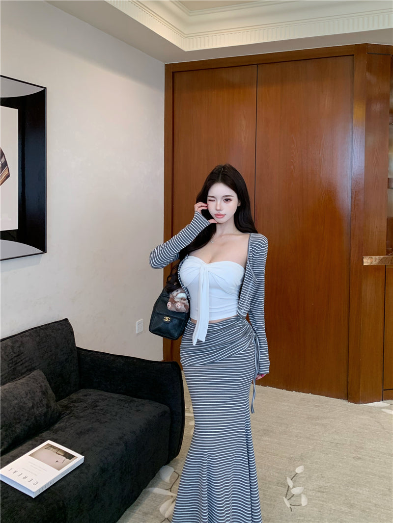 💕氣質純欲短款吊帶高腰條紋三件套