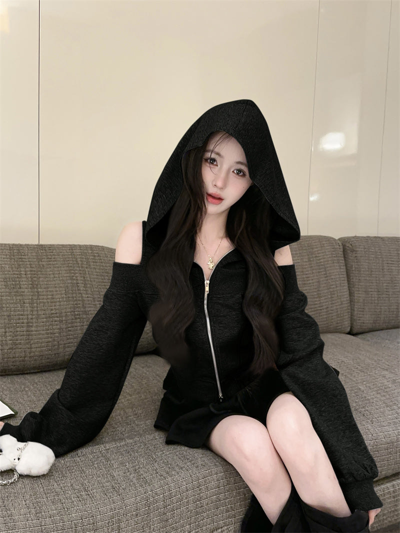 💕韓版個性露肩高檔連帽衛衣外套