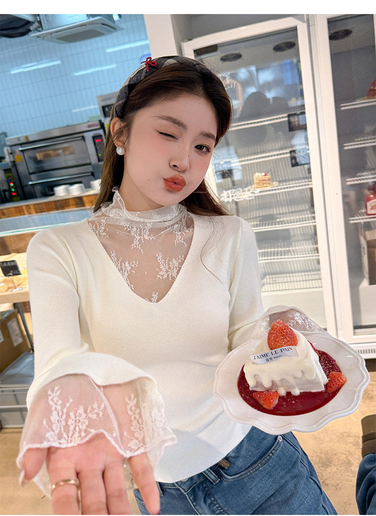 💕白色V領假兩件蕾絲打底衫上衣