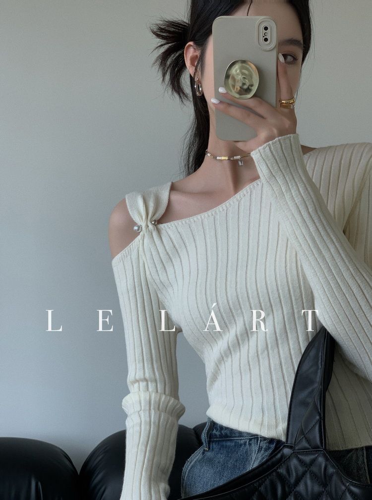 💕法式露肩設計感長袖針織百搭上衣