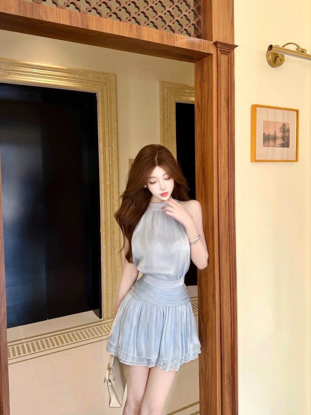 💕法式溫柔無袖掛脖連衣裙