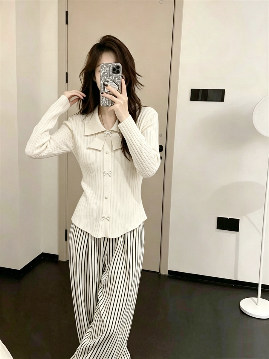 💕小香風蝴蝶結polo領長袖針織毛上衣