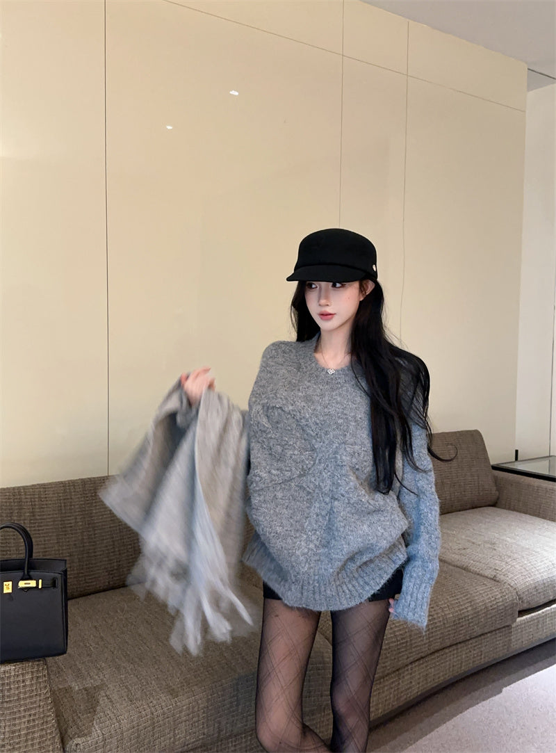 💕復古慵懶高級感軟糯蝴蝶結圓領上衣
