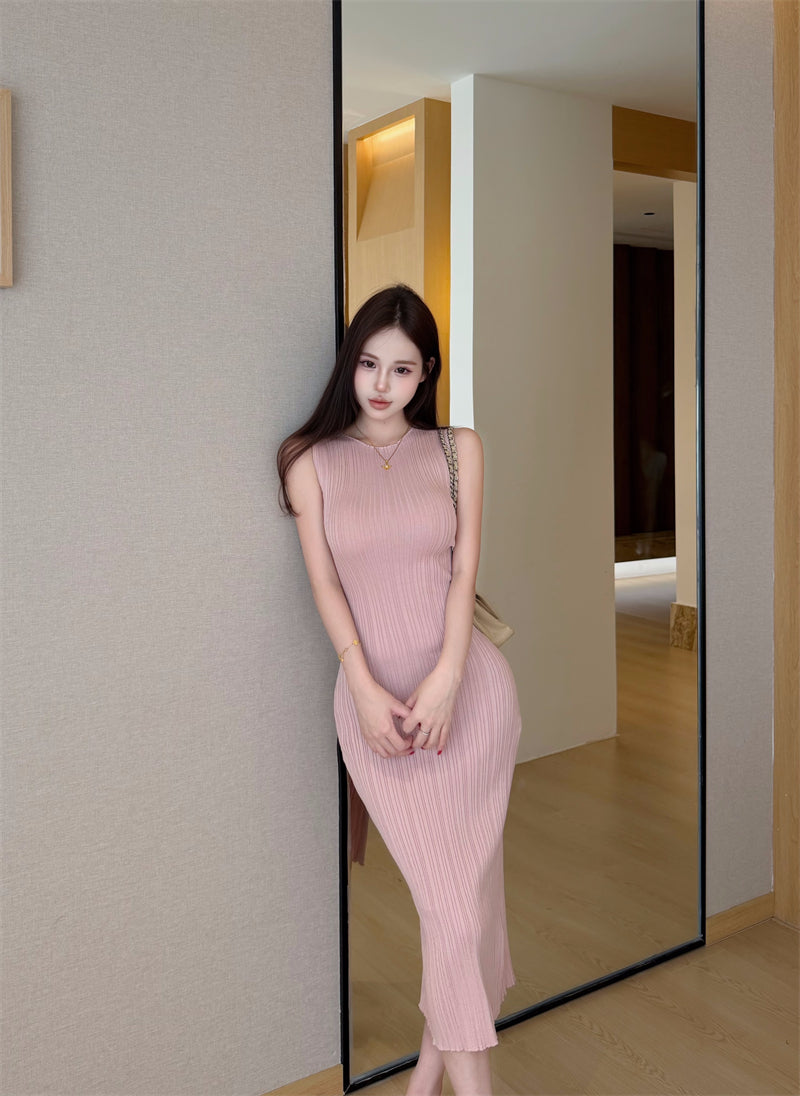 💕春夏優雅無袖針織修身顯瘦連衣裙