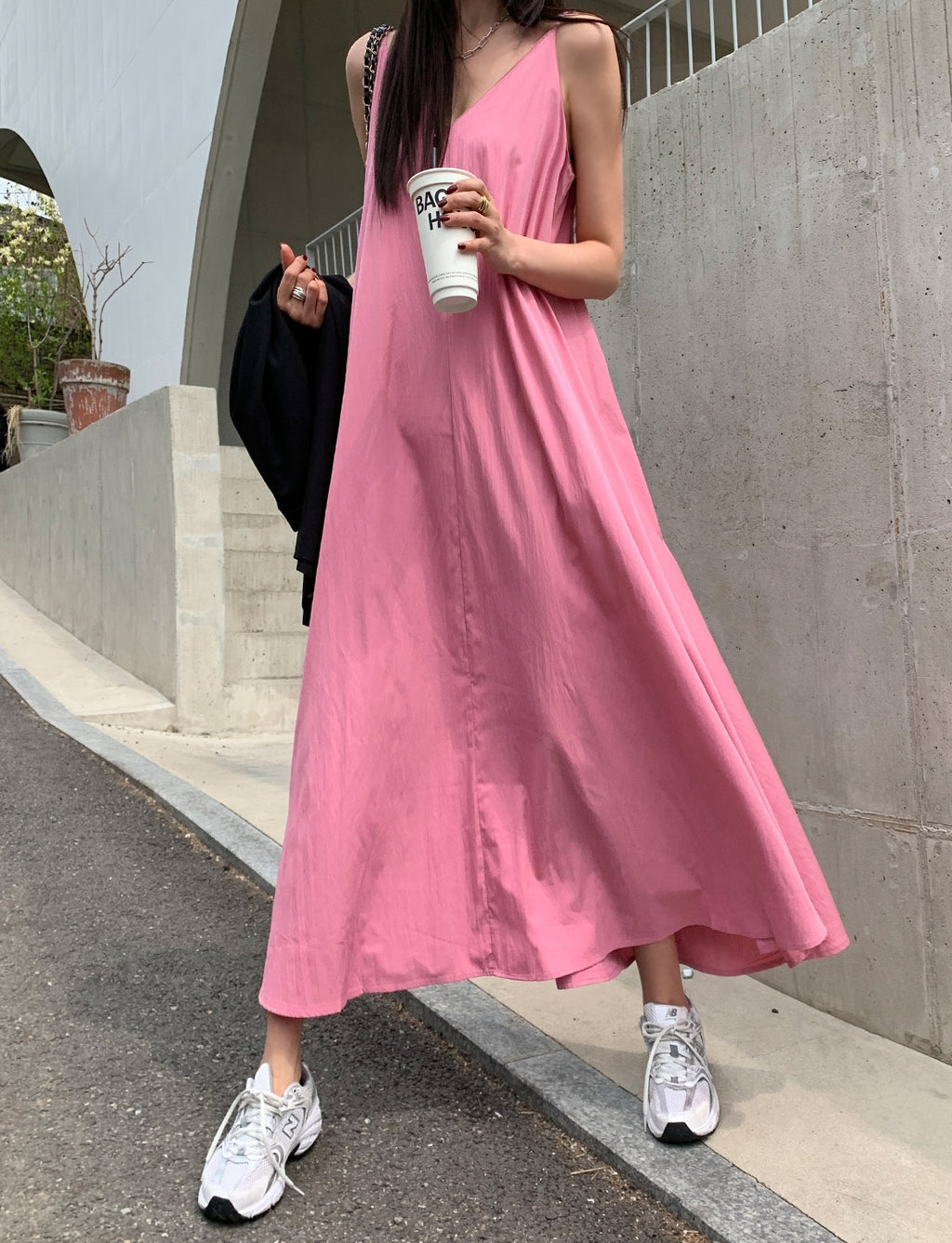 💕韓系氣質V領慵懶露背休閒度假長裙