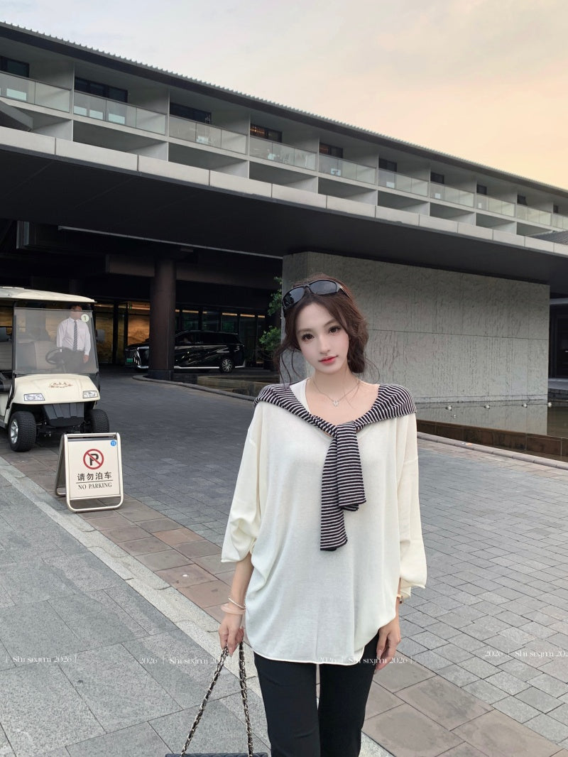 💕百搭條紋披肩深U領中袖T袖+七分微喇叭瑜珈褲