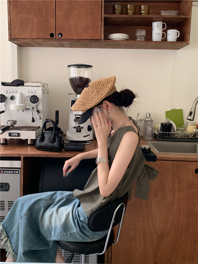 💕夏季甜美蝴蝶結兩穿寬鬆百搭無袖背心上衣