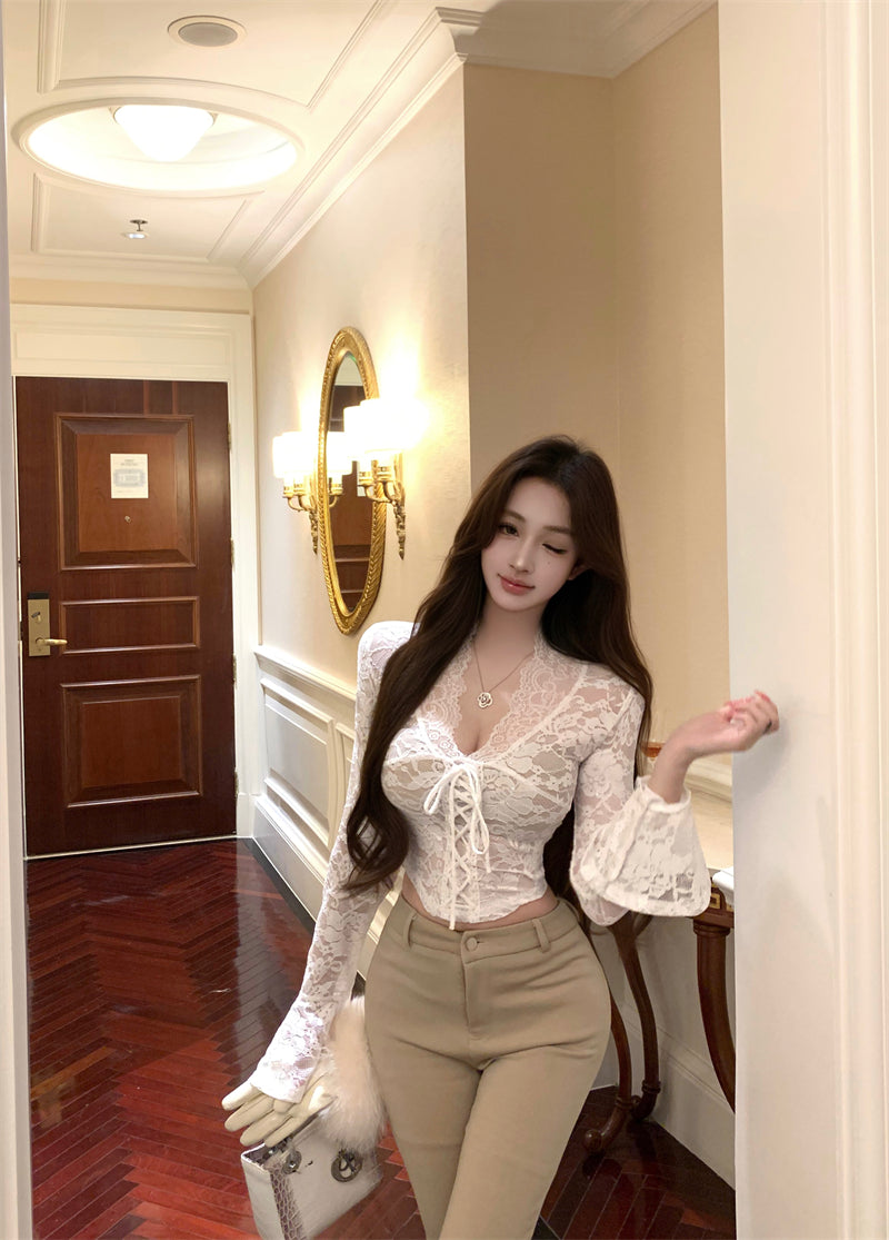 💕百搭黑色鏤空純欲V領蕾絲衫