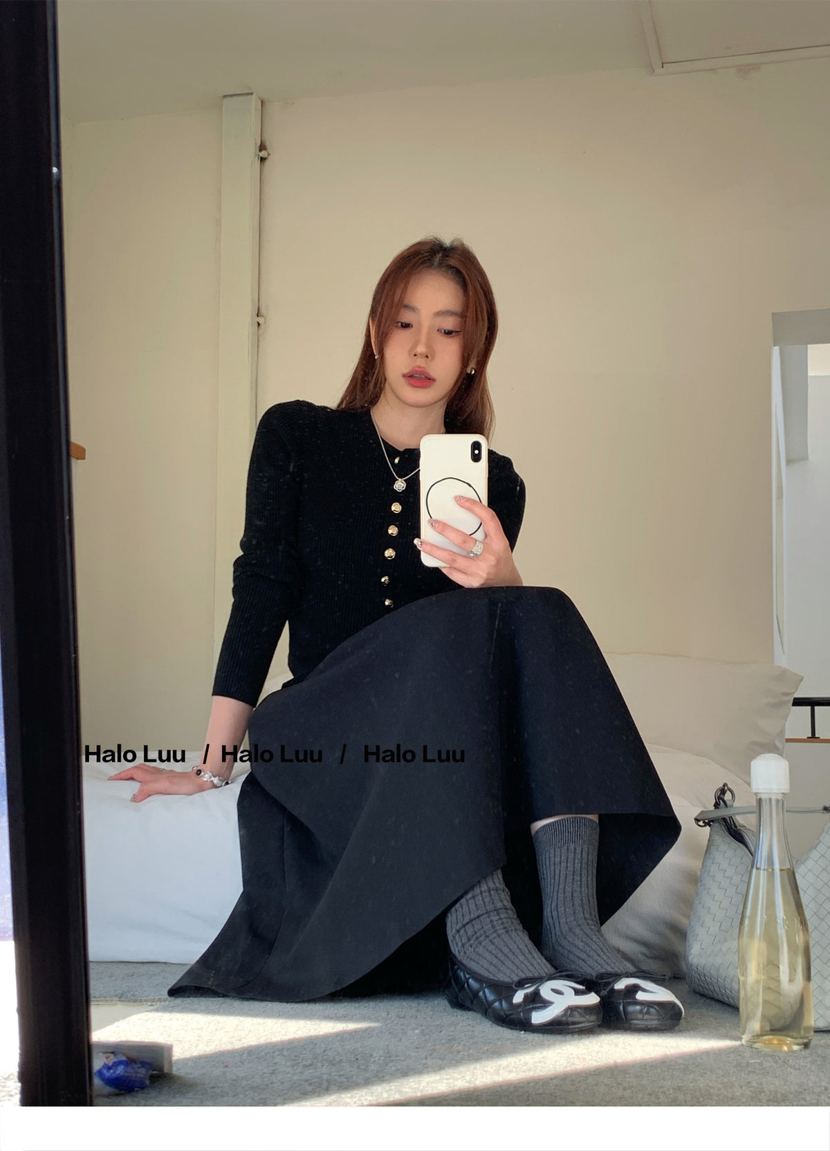 💕miu系氣質黑色金扣針織上衣