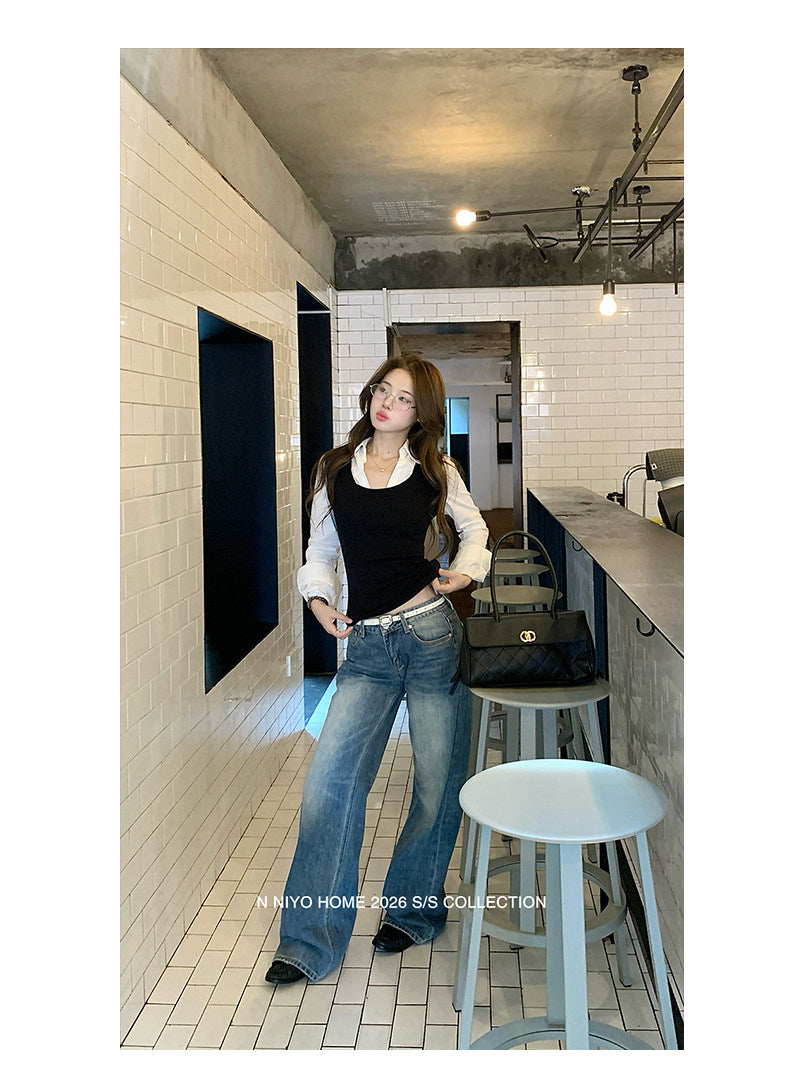 💕韓系學院風撞色假兩件襯衫上衣