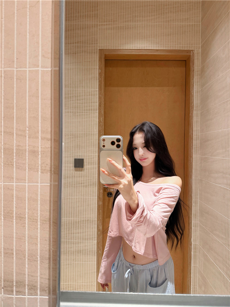 💕溫柔懶人斜肩長袖短款露臍上衣&條紋寬褲兩件套