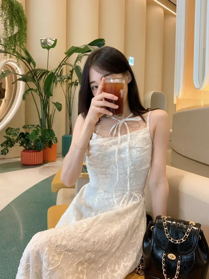 💕ihs系溫柔蕾絲性感露背鬆緊系帶收腰吊帶長裙