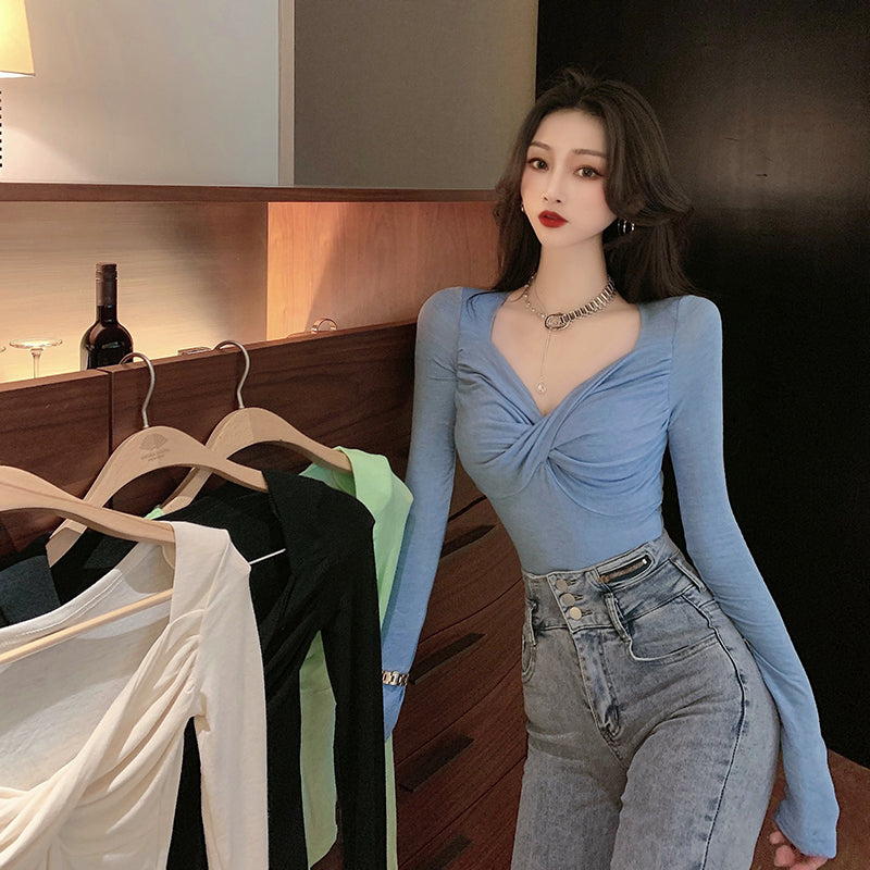 💕長袖V領扭結顯瘦打底衫上衣