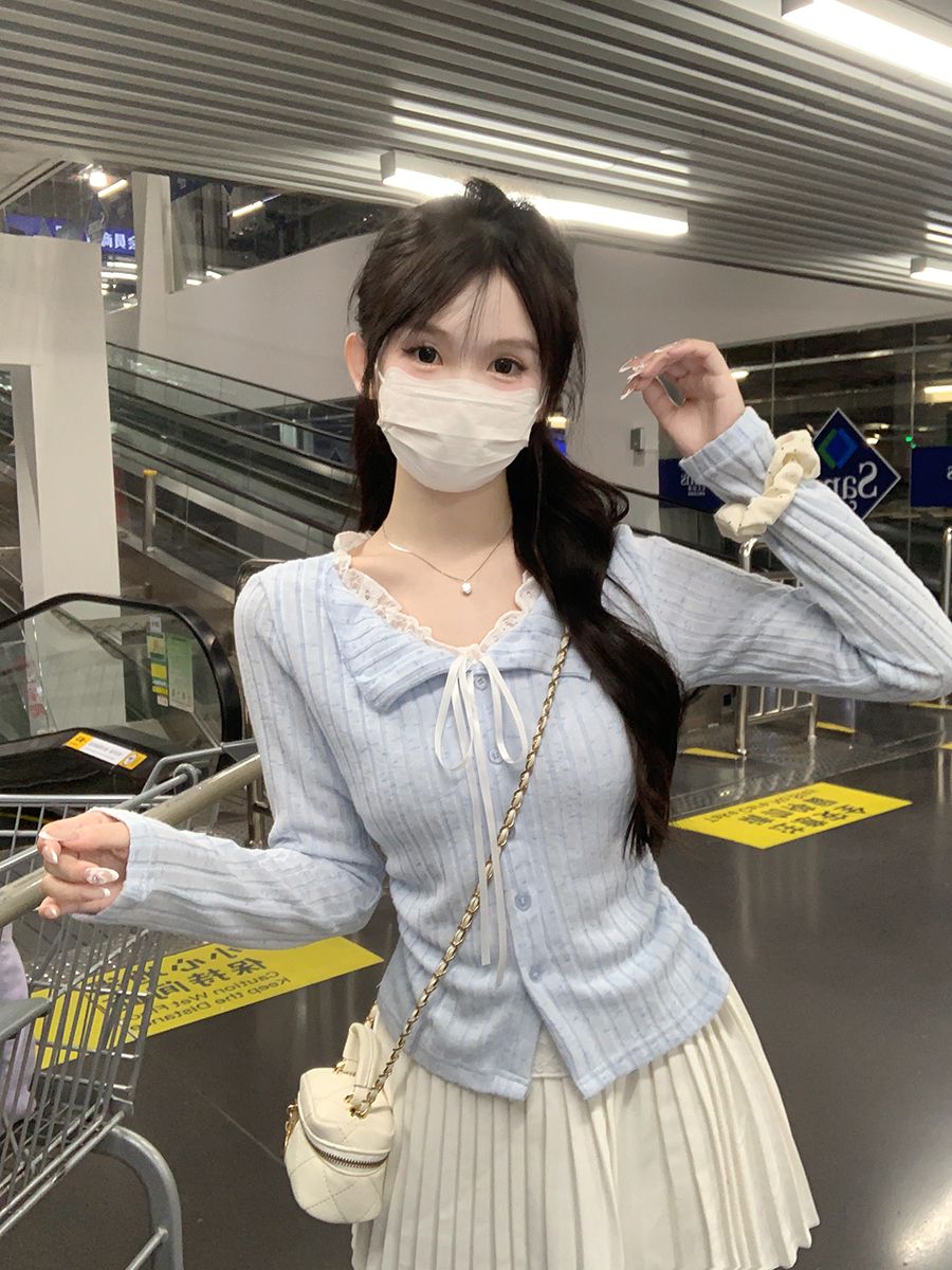 💕溫柔雪花條磨毛純欲藍色蕾絲假兩件上衣
