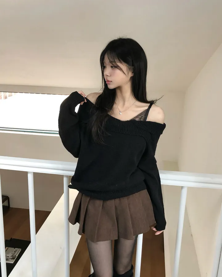 💕chic秋季假兩件蕾絲花邊打底一字肩針織上衣