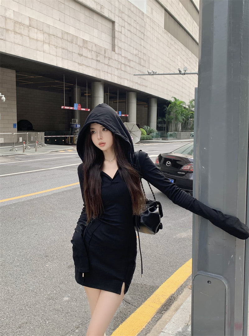 💕秋款連帽長袖收腰緊身包臀裙