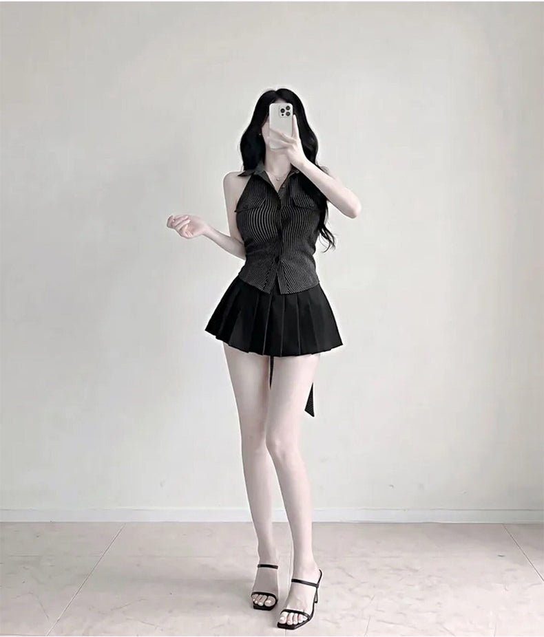 💕韓系鈕扣豎條紋翻領修身顯瘦無袖襯衫