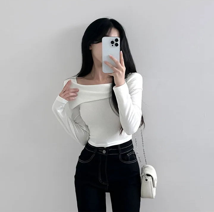 💕chic秋季長袖打底小心機露鎖骨上衣