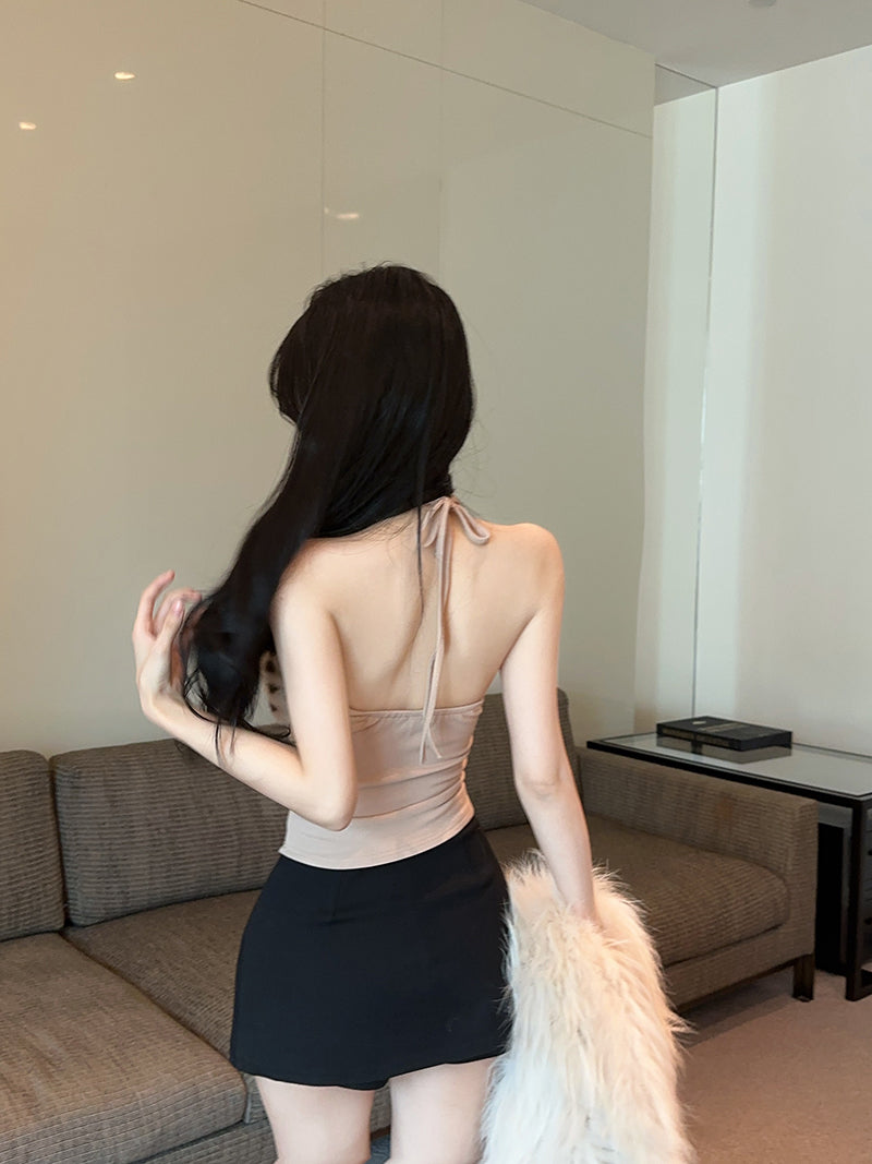 💕蕾絲掛脖拼接毛絨絨短款背心