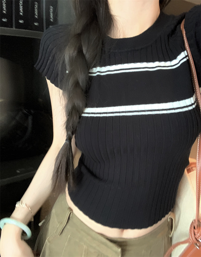 💕撞色條紋短袖針織圓領上衣