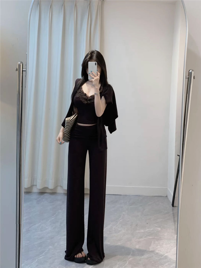 💕溫柔帶胸墊蕾絲吊帶休閒三件套
