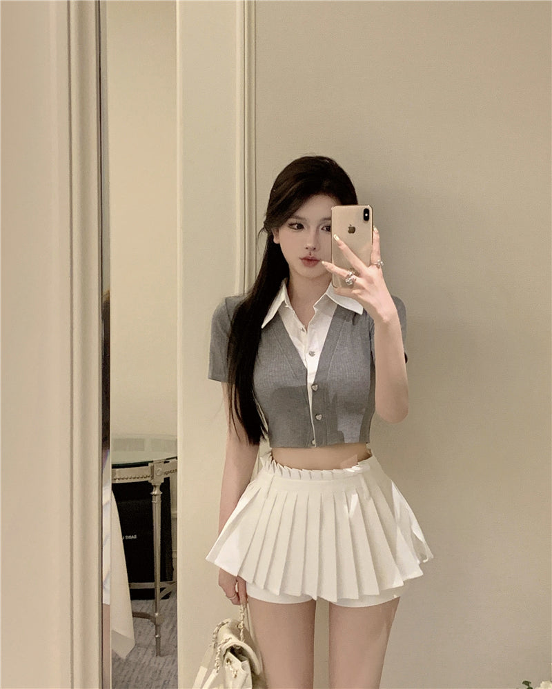 💕韓系氣質假兩件翻領修身短款針織衫