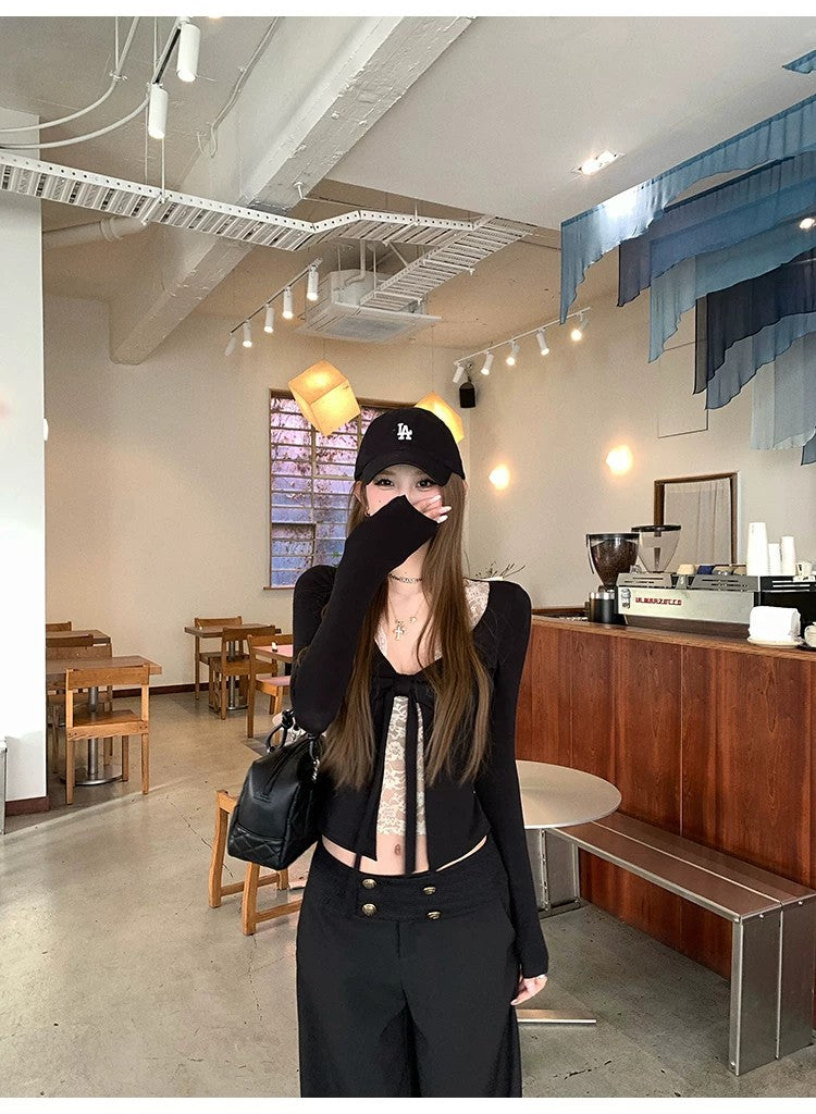 💕韓系辣妹V領長袖蕾絲拼接顯瘦上衣