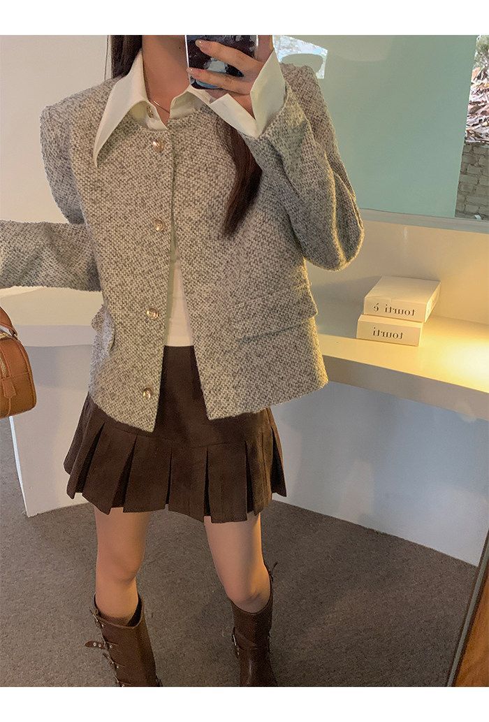 💕韓系秋冬假兩件拼接小香風加墊肩外套