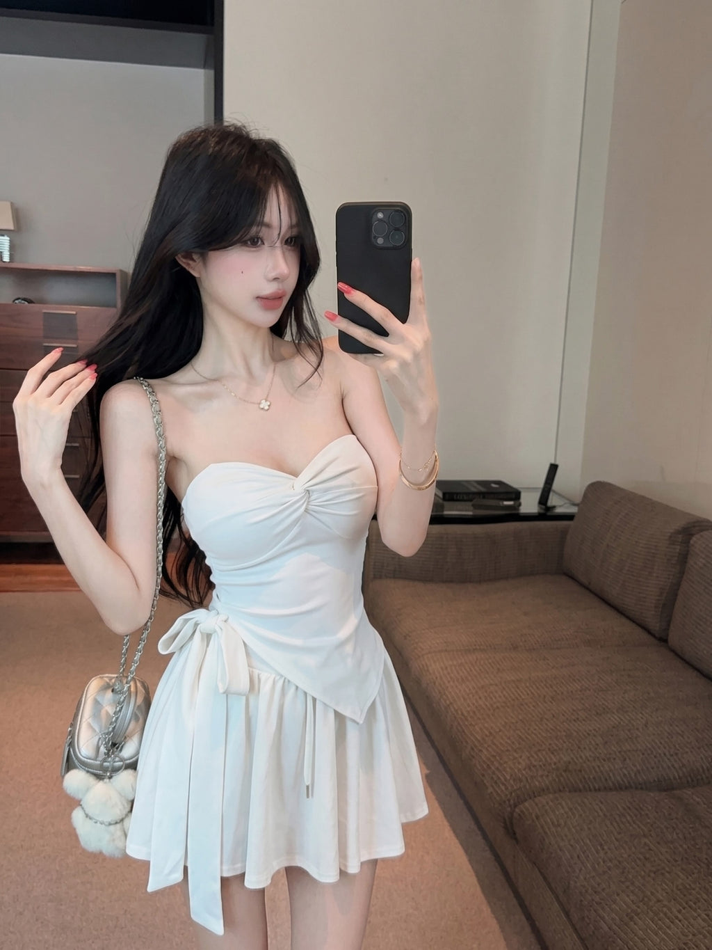 💕氣質帶胸墊不規則下擺系帶扭結兩件套