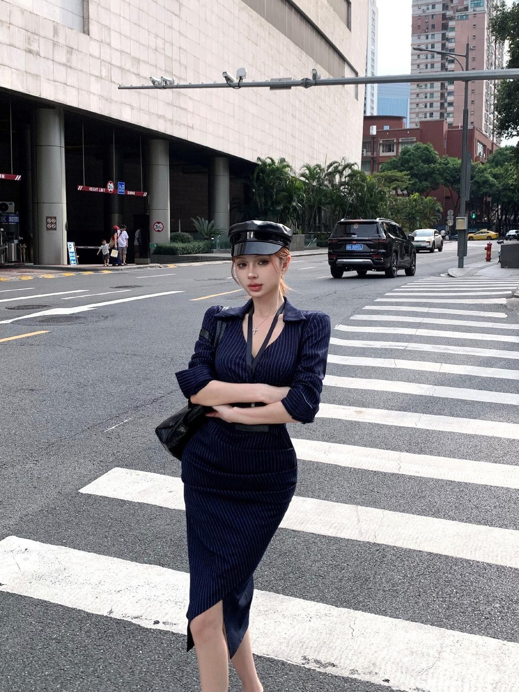 💕高級性感法式條紋V領長袖襯衫連衣裙