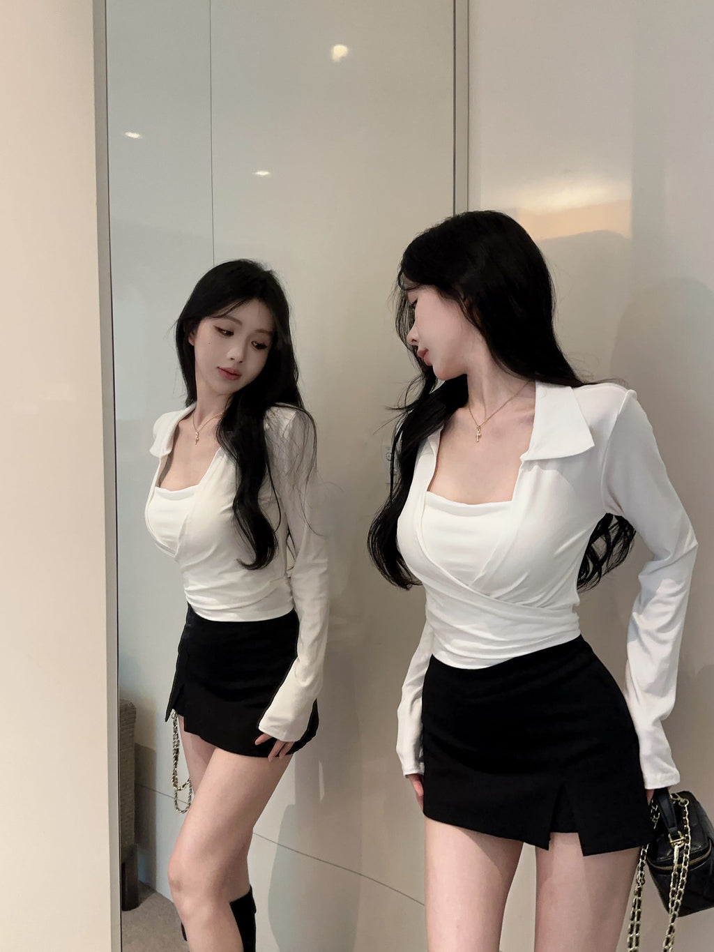 💕綁帶胸墊長袖翻領開衫吊帶兩件套