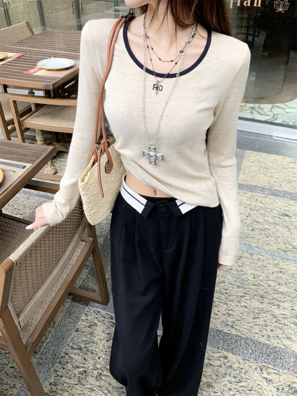 💕韓系簡約百搭圓領字母印花撞色長T