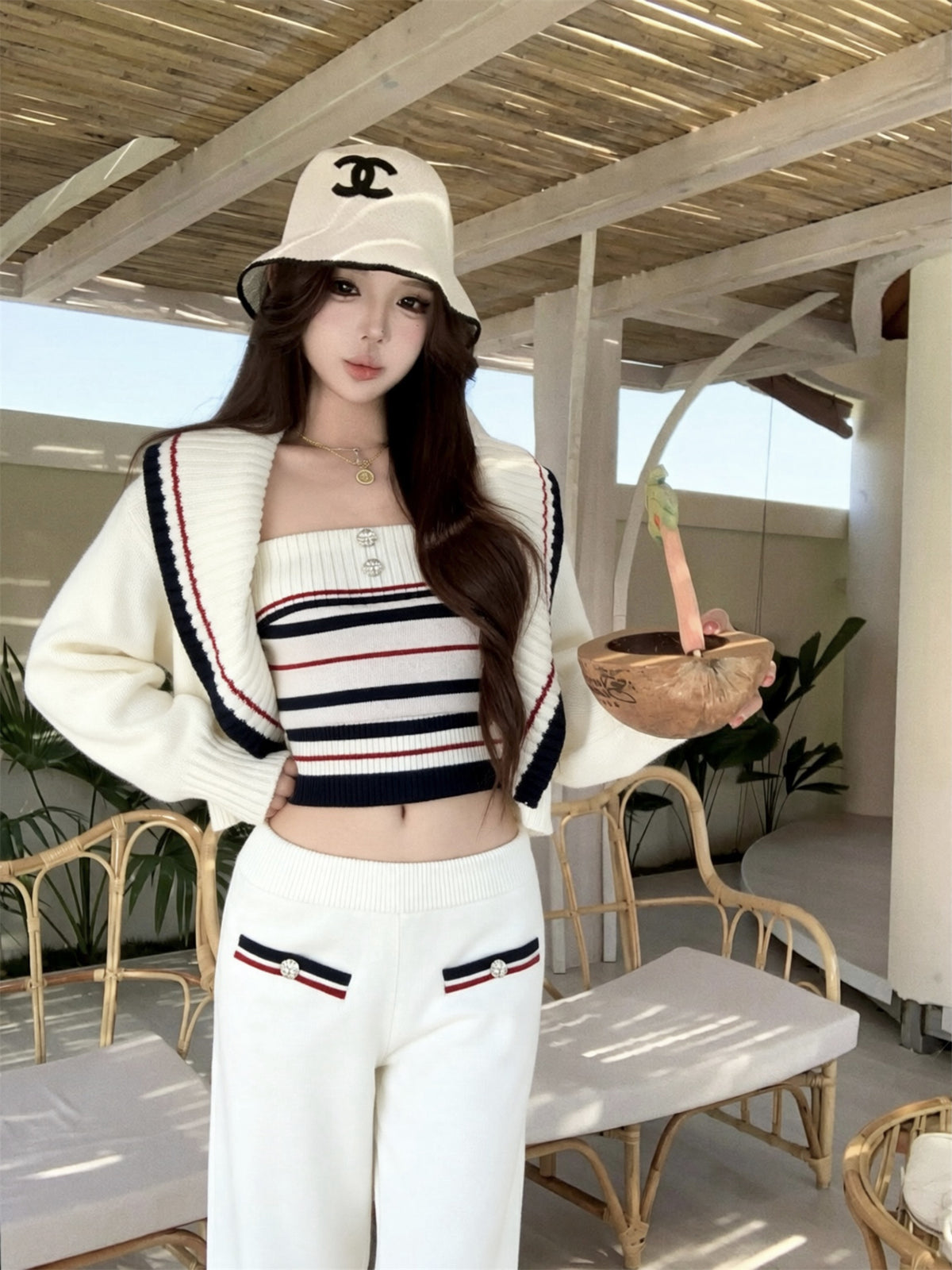 💕休閒慵懶條紋大翻領針織背心三件套